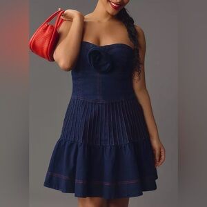 NWT Anthropologie Maeve Rosette Strapless Fit & Flare Denim Mini Dress